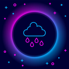 Sticker - Glowing neon line Cloud with rain icon isolated on black background. Rain cloud precipitation with rain drops. Colorful outline concept. Vector