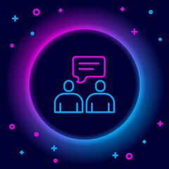 Wall Mural - Glowing neon line Two sitting men talking icon isolated on black background. Speech bubble chat. Message icon. Communication or comment chat symbol. Colorful outline concept. Vector