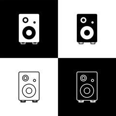 Sticker - Set Stereo speaker icon isolated on black and white background. Sound system speakers. Music icon. Musical column speaker bass equipment. Vector