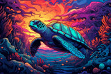 Fototapeta Do akwarium - Tortoise swimming in the ocean, coral reef, sunset, in the style of a wood carving in neon colors