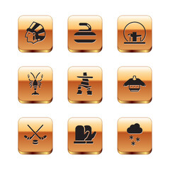 Sticker - Set Native American Indian, Ice hockey sticks and puck, Christmas mitten, Inukshuk, Lobster, Montreal Biosphere, Cloud with snow and Stone for curling icon. Vector