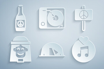 Poster - Set Tourist tent, Peace, Hippie girl, Vinyl disk, player and Beer bottle icon. Vector