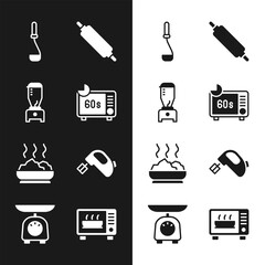 Poster - Set Microwave oven, Blender, Kitchen ladle, Rolling pin, Bowl of hot soup, Electric mixer, and Scales icon. Vector