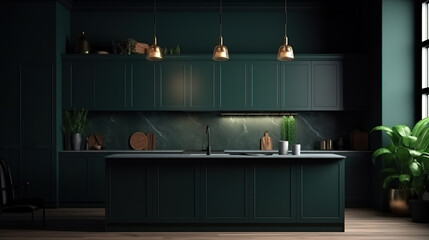 Empty dark green kitchen interior, wall mockup, 3d render, Bright color. Generative Ai