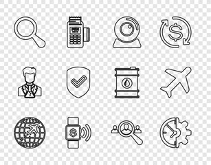 Wall Mural - Set line Globe with flying plane, Clock and gear, Web camera, Contactless payment, Magnifying glass, Shield check mark, for search people and Plane icon. Vector