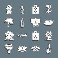 Wall Mural - Set line Shovel, Location peace, Military tank, rank, Bullet, helmet, reward medal and Binoculars icon. Vector