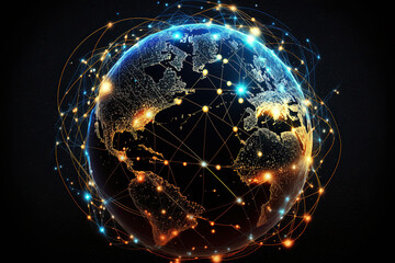 Ai generated illustration of Satellite system of spaceships around illumination  Earth