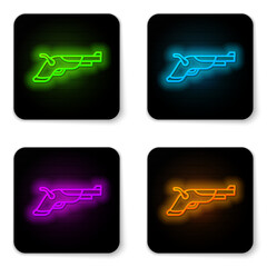 Canvas Print - Glowing neon line Vintage pistols icon isolated on white background. Ancient weapon. Black square button. Vector