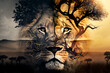 Lion and savannah. The concept of protecting wildlife and planet. Generated AI