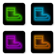 Sticker - Glowing neon line Boots icon isolated on white background. Diving underwater equipment. Black square button. Vector