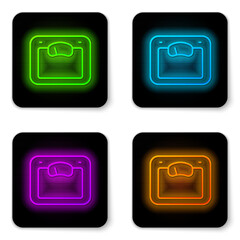 Sticker - Glowing neon line Bathroom scales icon isolated on white background. Weight measure Equipment. Weight Scale fitness sport concept. Black square button. Vector