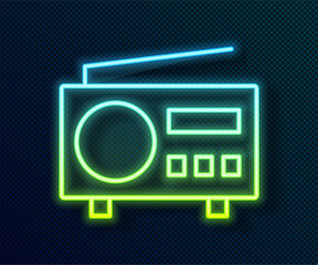 Wall Mural - Glowing neon line Radio with antenna icon isolated on black background. Vector