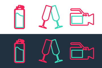 Poster - Set line Cinema camera, Sport bottle with water and Glasses of champagne icon. Vector