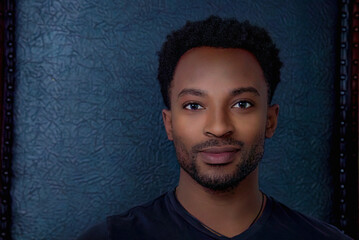 Wall Mural - man wearing black t-shirt isolated portrait on leather background successful businessman in his twenties head shot