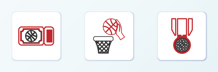 Poster - Set line Basketball medal, game ticket and and basket icon. Vector