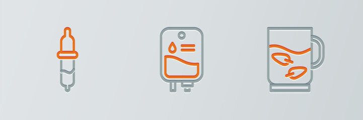 Poster - Set line Cup of tea and leaf, Pipette and IV bag icon. Vector