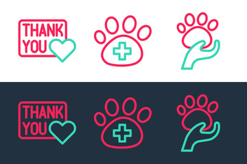 Canvas Print - Set line Animal volunteer, Thank you with heart and Veterinary clinic icon. Vector