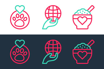 Set line Donation food, Heart with animals footprint and Hand holding Earth globe icon. Vector