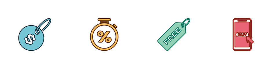 Sticker - Set Price tag with dollar, Stopwatch and percent, Free and Mobile shopping cart icon. Vector