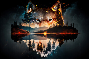 Wall Mural - Wolf and forest. The concept of protecting wildlife and green planet. Generated AI