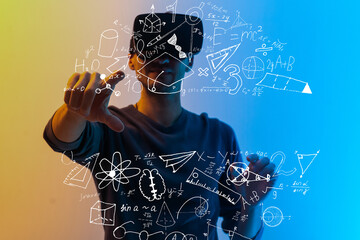 Student or teacher with mathematical and scientific formulas. Concepts of education. Symbols and equations on a virtual interface. Double exposure