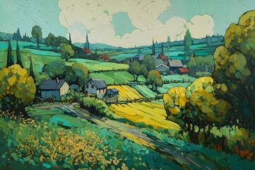 A beautiful green view of a countryside village. Acrylic style digital painting. Generative Ai.