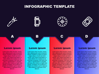 Wall Mural - Set line Flashlight, Thermos container, Compass and Rafting boat. Business infographic template. Vector