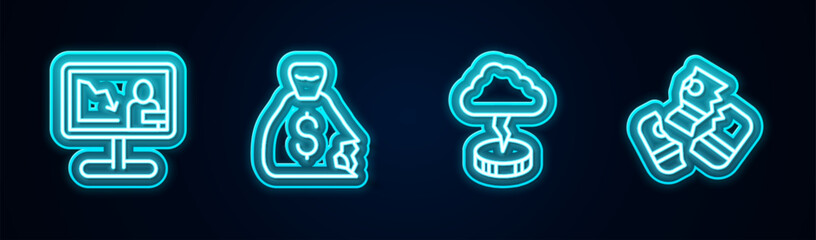 Wall Mural - Set line Global economic crisis news, Money bag, Storm and Credit card. Glowing neon icon. Vector