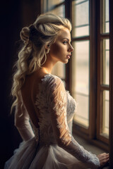 Portrait of the beautiful bride in  wedding dress against a window indoors, ai generative