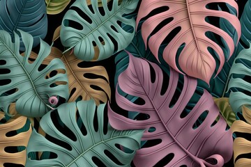  Tropical exotic seamless pattern. Pastel colorful monstera leaves, palm leaves. Hand-drawn vintage 3D illustration. Glamorous background design. For luxury wallpapers, cloth, Generative AI 