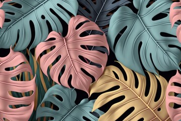 Wall Mural - Tropical exotic seamless pattern. Pastel colorful monstera leaves, palm leaves. Hand-drawn vintage 3D illustration. Glamorous background design. For luxury wallpapers, cloth, Generative AI 