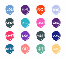 Bubble talk vector icon, Bubble talk phrases. Online chat clouds with different words comments information shapes vector