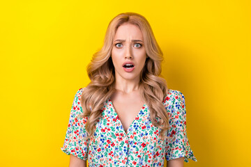 Wall Mural - Portrait of anxious embarrassed cute lady open mouth wear trendy clothes impressed negative occasion isolated on yellow color background