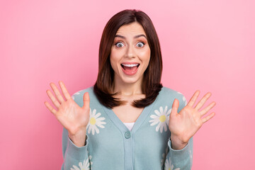 Poster - Photo of funny overjoyed lady raise arms open mouth black friday sale offers wear cardigan isolated pink color background