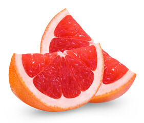Wall Mural - two slices of ripe juicy grapefruit isolated on white background.