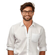 Portrait of a handsome, young brunette man wearing eyeglasses and shirt. Isolated on transparent background. No background.