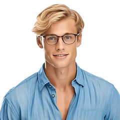 Portrait of a handsome, young blond man wearing eyeglasses and blue shirt. Isolated on transparent background. No background.