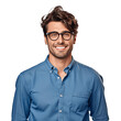 portrait of a handsome, young brunette man wearing eyeglasses and blue shirt. isolated on transparent background. no background.