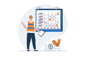 Fototapete - Construction engineer web concept with character scene. Man creating plan and deadline for building process. People situation in flat design. Vector illustration for social media marketing material.