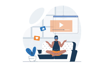 Poster - Cyberspace web concept with character scene. Man in VR glasses watching video on screen in virtual reality. People situation in flat design. Vector illustration for social media marketing material.
