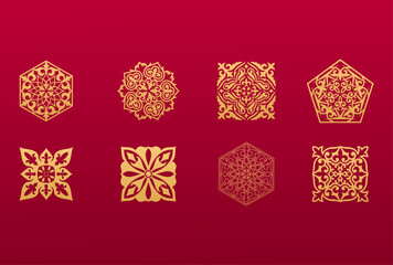 Wall Mural - Set of 8 islamic golden ornaments on red background in vector. Circular ornamental arabic symbols. Abstract Asian elements of the national pattern of the ancient nomads of the Kazakhs, Tatars, Kyrgyz