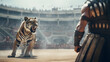 Tiger against gladiator in the Colosseum.