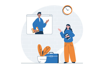 Fototapete - Education web concept with character scene. Student listening webinar with teacher and studying online. People situation in flat design. Vector illustration for social media marketing material.