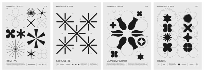 Wall Mural - Retro futuristic vector minimalistic Posters with silhouette basic figures, extraordinary graphic elements of geometrical shapes composition, Modern monochrome print brutalism, set 3