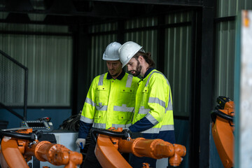 Engineer and project manager in modern industrial factory with robot arms discuss and planning optimization of production.