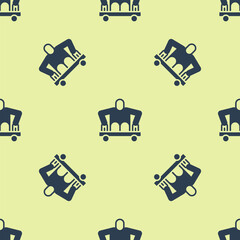 Poster - Blue Man without legs sitting wheelchair icon isolated seamless pattern on yellow background. Disability concept. Guy with physical disabilities. Vector