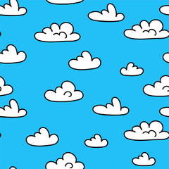 Wall Mural - Seamless pattern with doodle clouds. Simple childish cloudscape isolated on blue background. Cute weather print. Vector illustration for textile, fabric, packaging