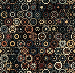 Wall Mural - Seamless geometric pattern. A regular grid of vertical and horizontal lines of multicolored concentric circles on a black background. Vintage autumn colors design. Dotted texture. Vector image.