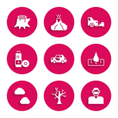 Sticker - Set Car, Withered tree, Face in protective mask, Deforestation, Cloud, Battery, exhaust and Tree stump icon. Vector