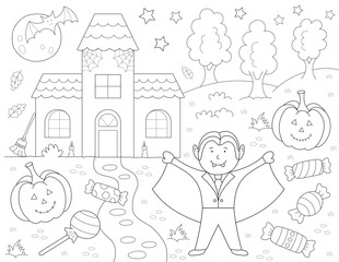 Wall Mural - boy, sweets and a halloween house, coloring page for kids. you can print it on 8.5x11 inch paper